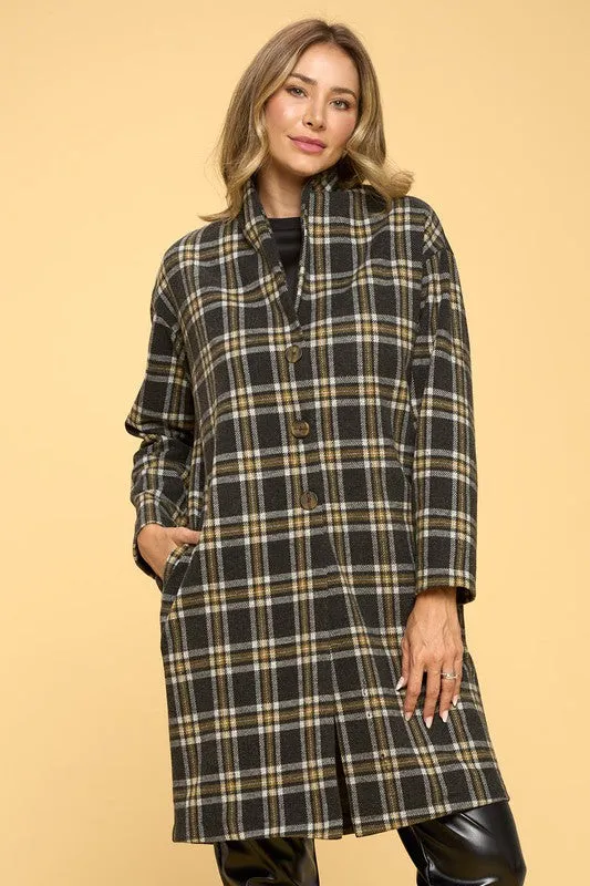 Plaid Coat with Buttons and Pockets