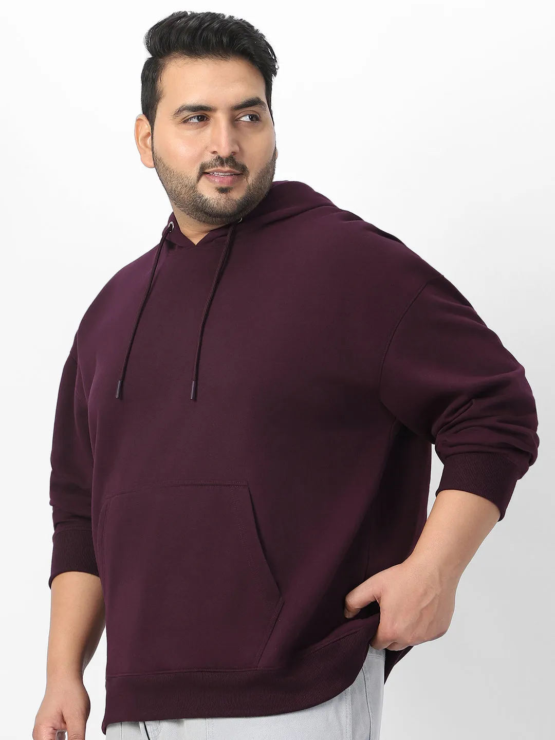 Plus Men's Potent Purple Cotton Solid Oversized Hooded Neck Sweatshirt