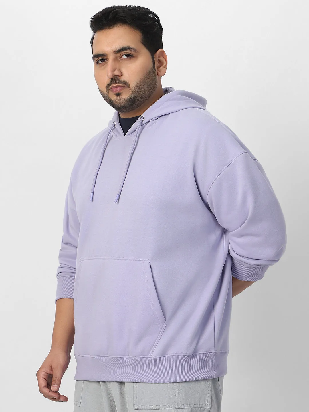 Plus Men's Purple Heather Cotton Solid Oversized Hooded Neck Sweatshirt