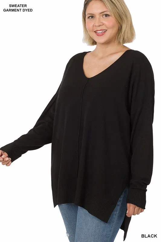 Plus Size Hi-low Hem V-Neck Center Seam Sweater