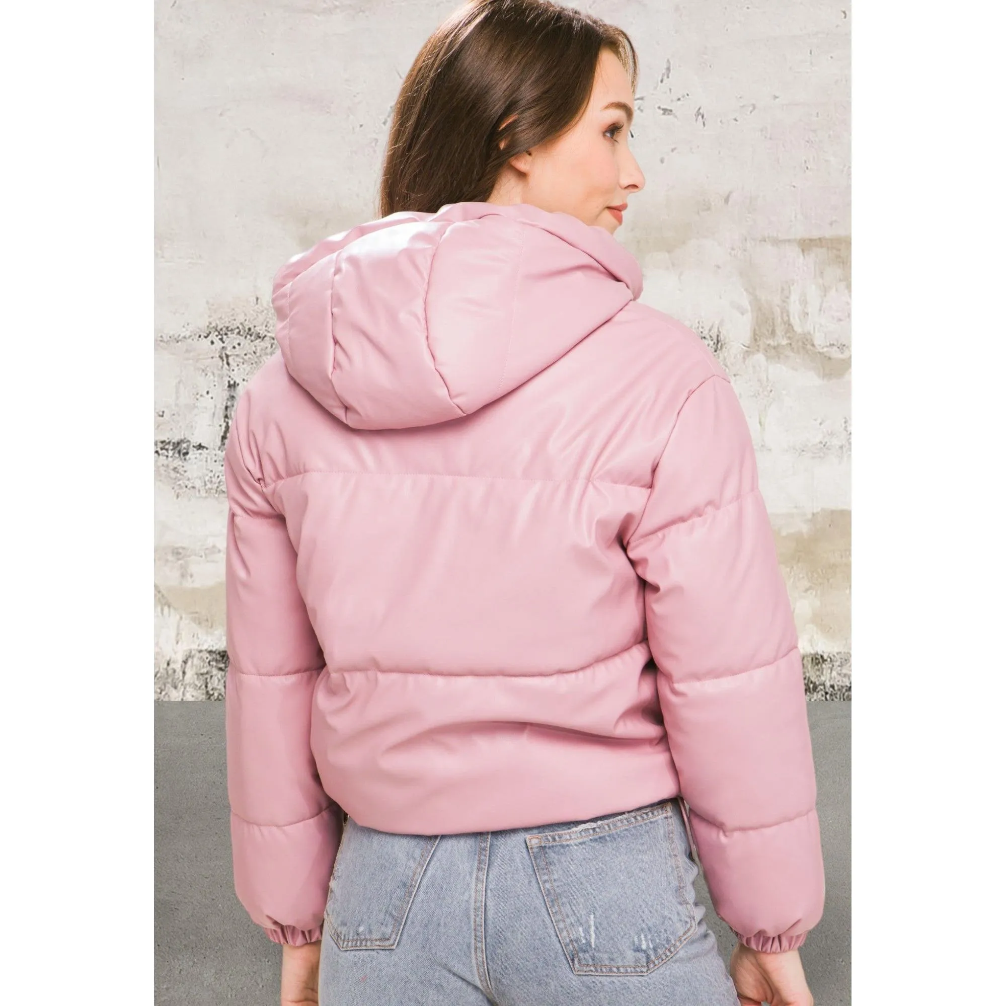 Pu Faux Leather Zipper Hooded Pink Jacket