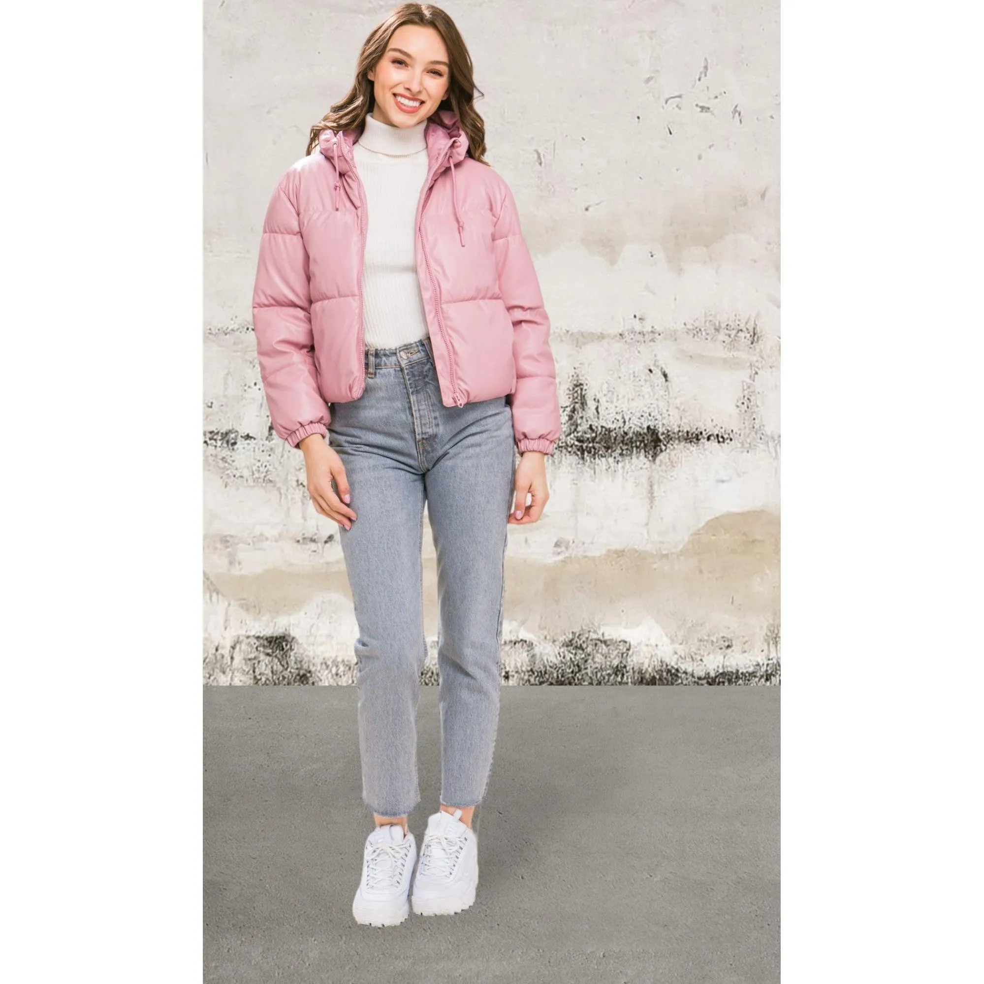 Pu Faux Leather Zipper Hooded Pink Jacket