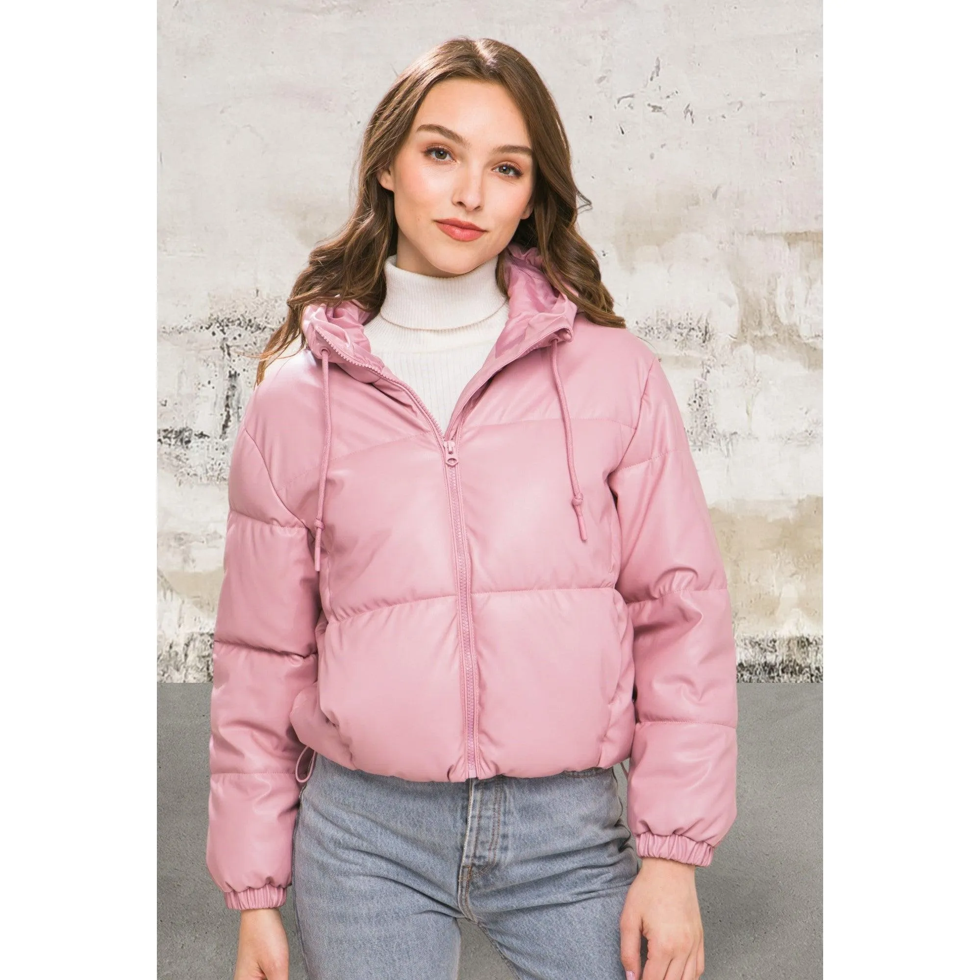 Pu Faux Leather Zipper Hooded Pink Jacket