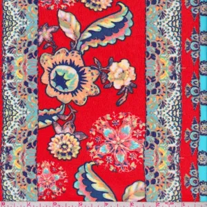 Red/Turquoise Floral Stripe Georgette Fabric