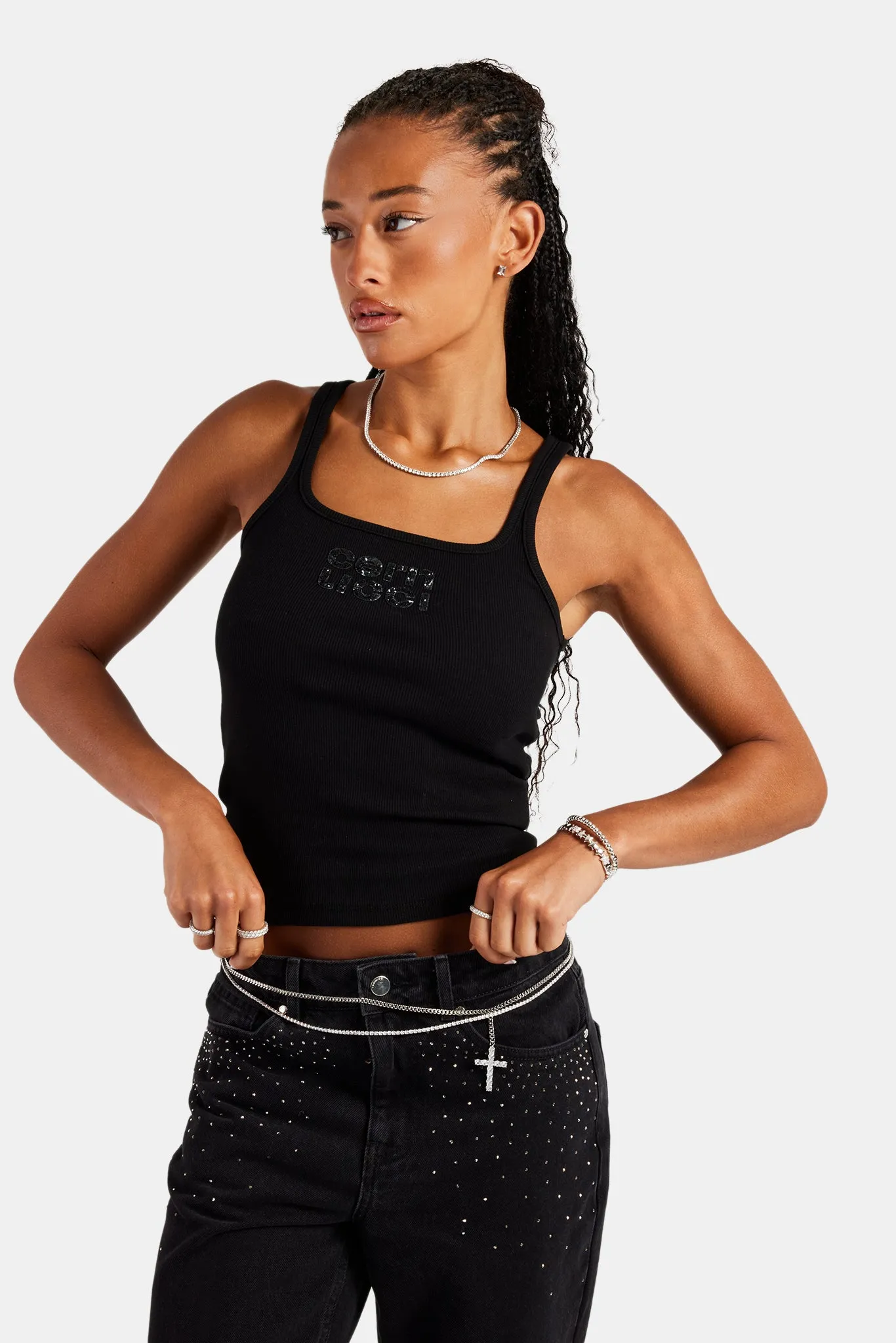 Rib Glitter Applique Vest Top - Black