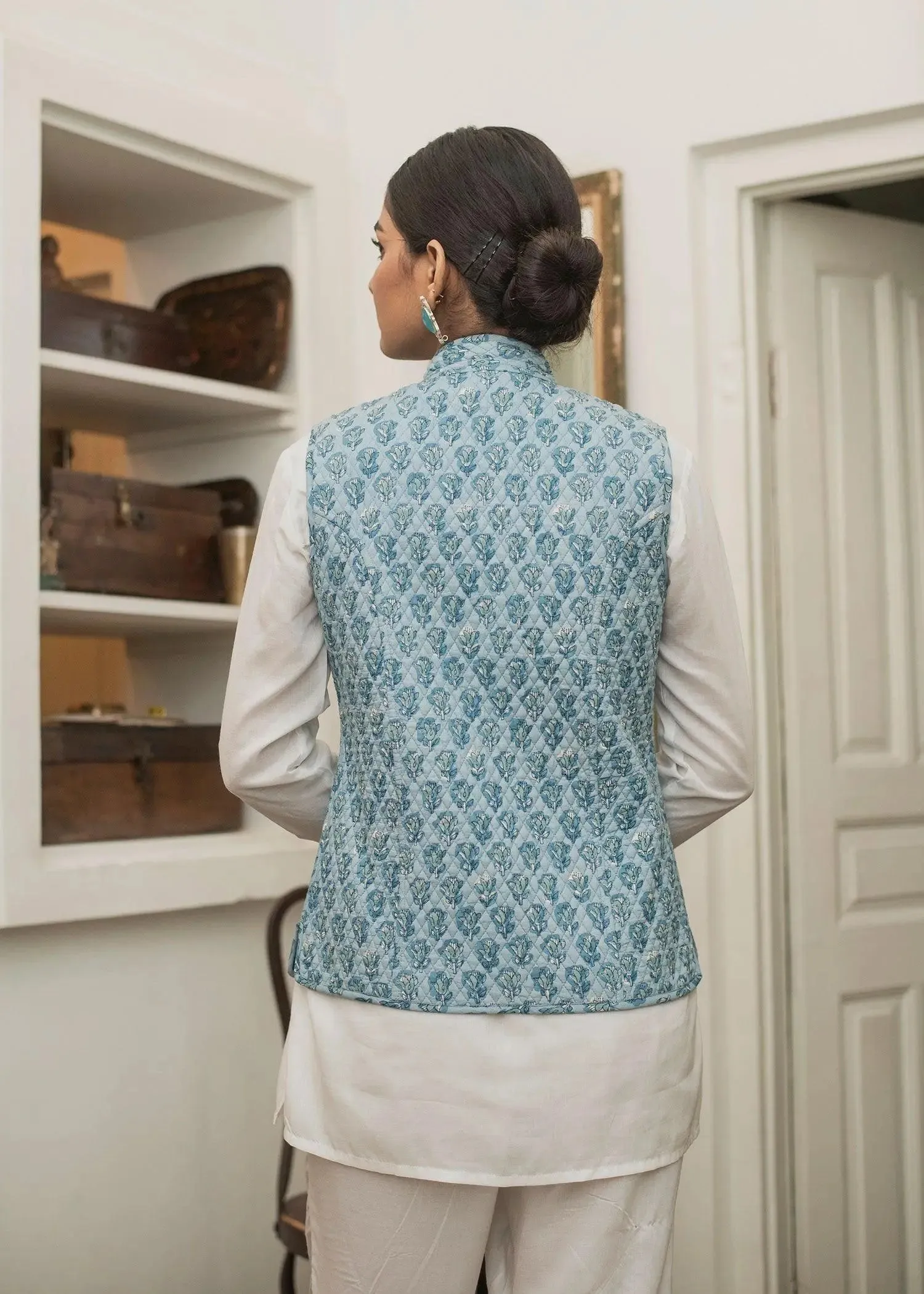 Sego Booti Blue Cotton Quilted Reversible Sleeveless Jacket