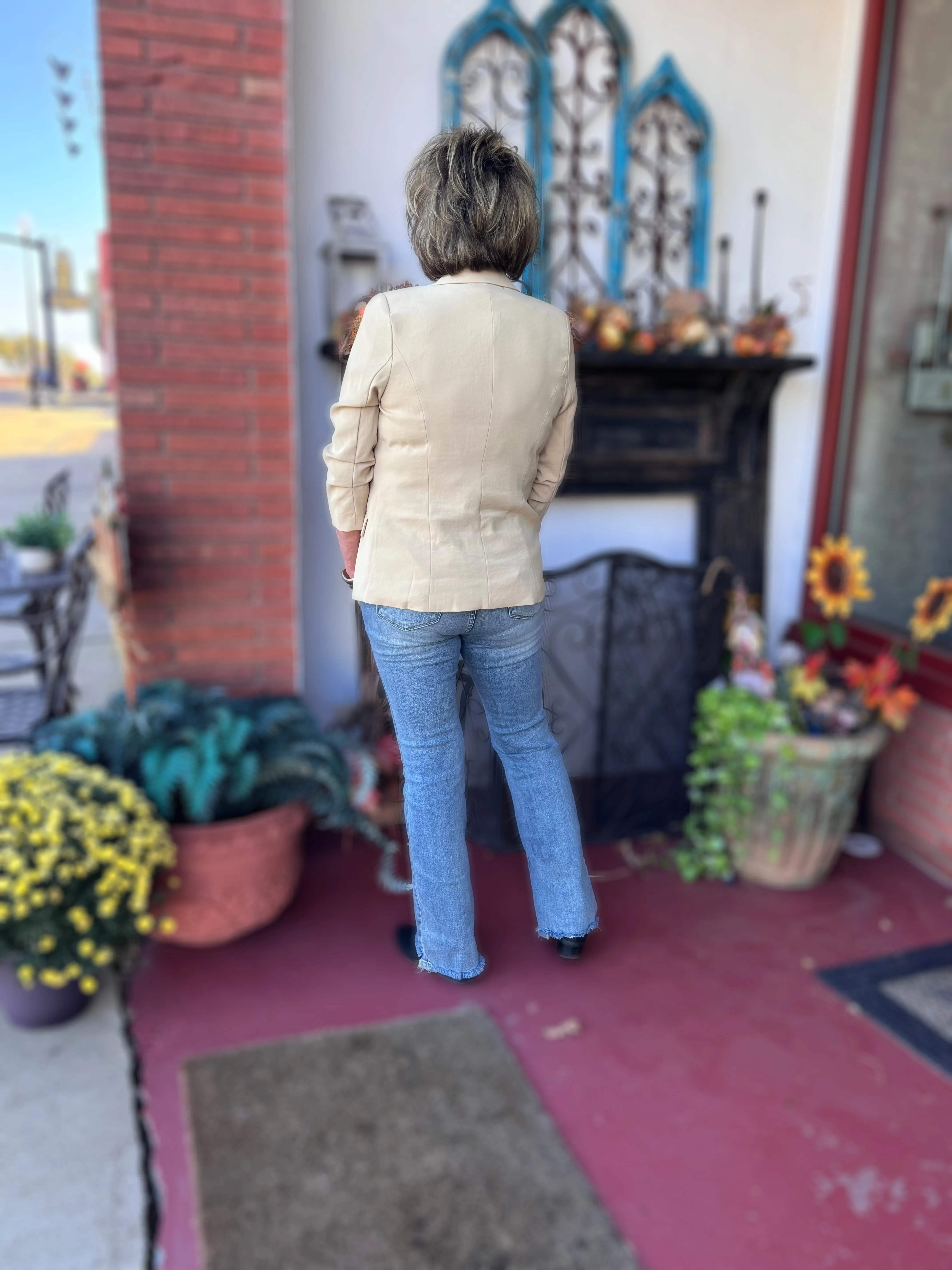 Shirred Sleeve collared Blazer, Latte