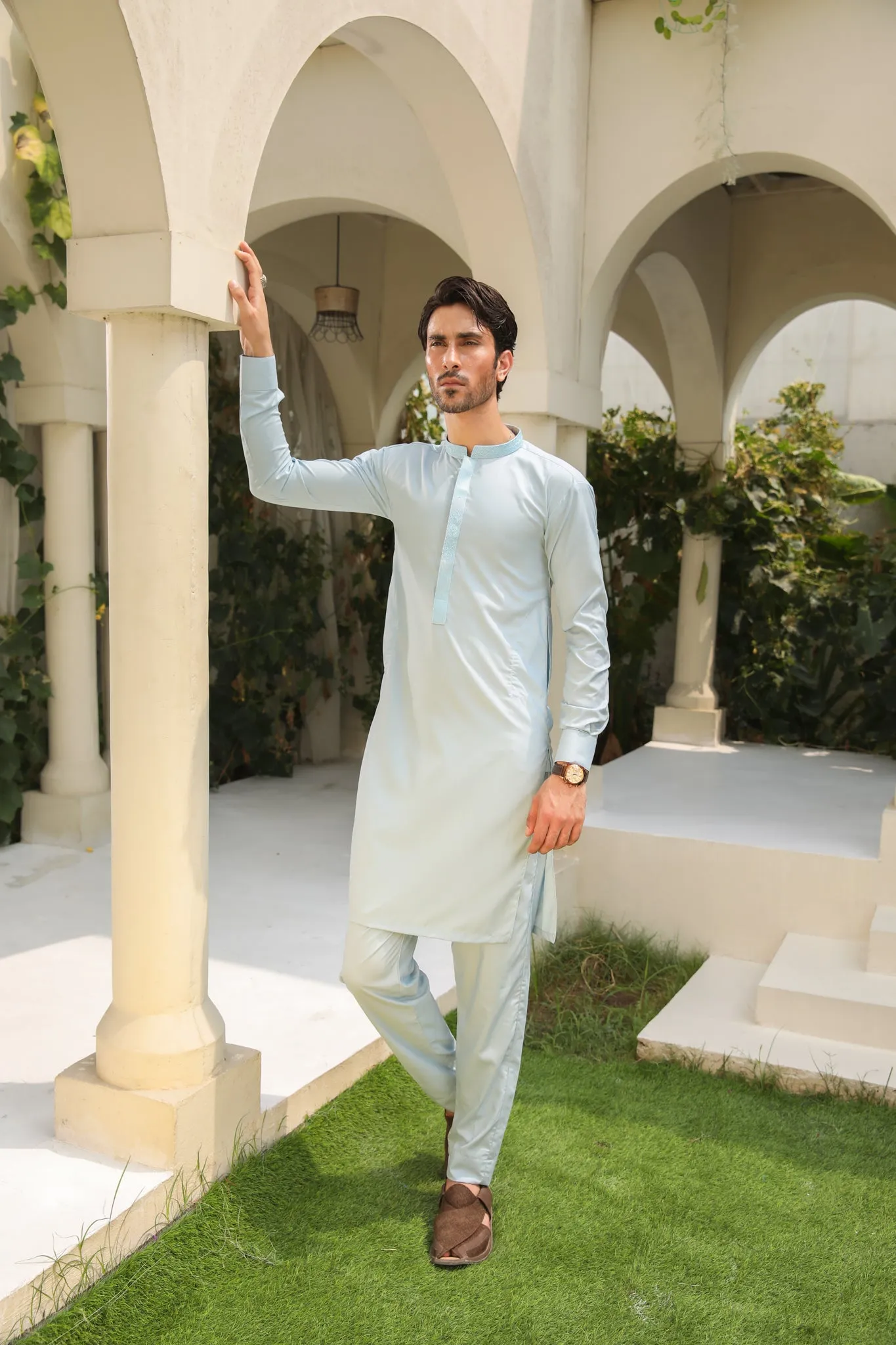 Sky Blue Kurta Trouser - Collar Neck Embroidered - Men