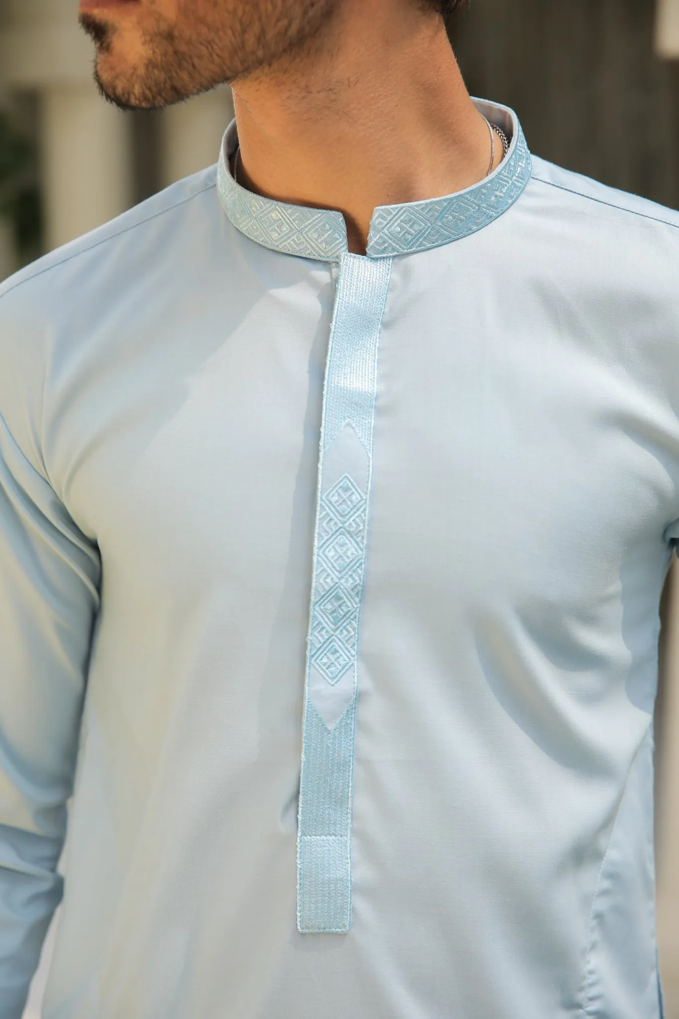 Sky Blue Kurta Trouser - Collar Neck Embroidered - Men