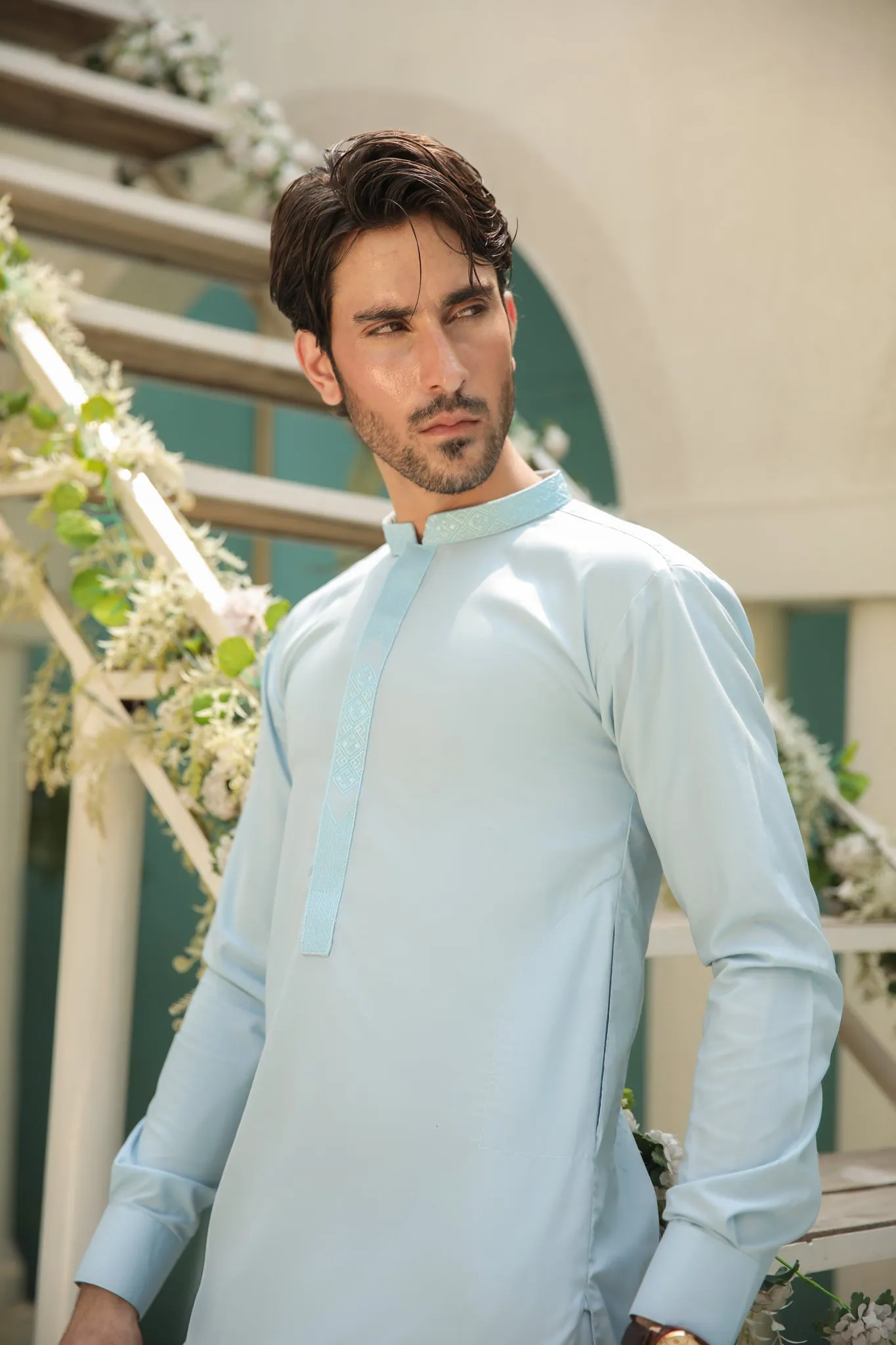 Sky Blue Kurta Trouser - Collar Neck Embroidered - Men