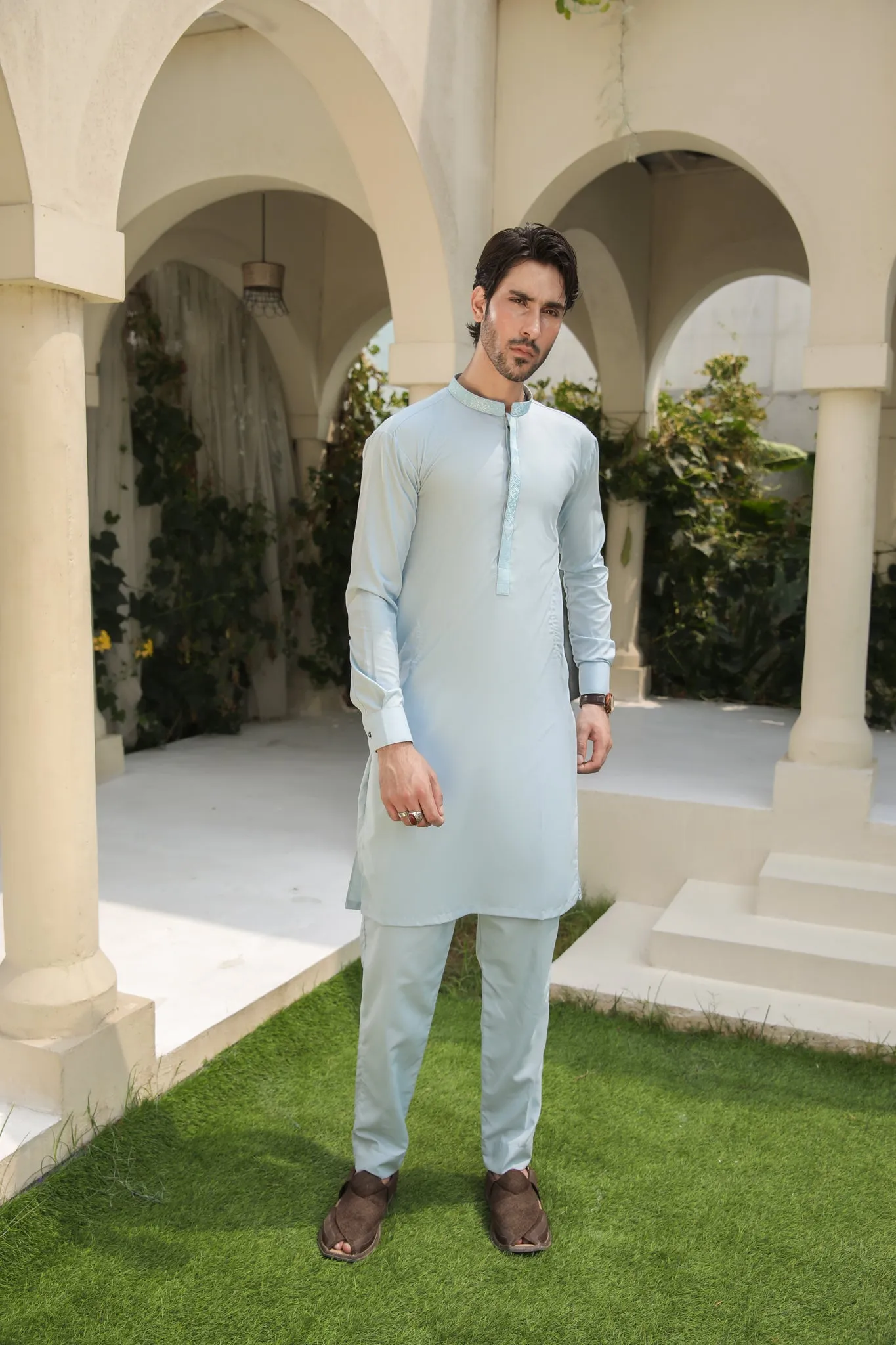 Sky Blue Kurta Trouser - Collar Neck Embroidered - Men