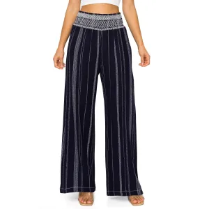 Smocked Waist Wide Leg Linen Pants - Navy