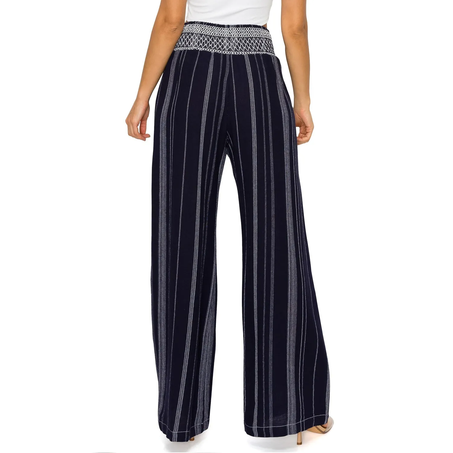 Smocked Waist Wide Leg Linen Pants - Navy