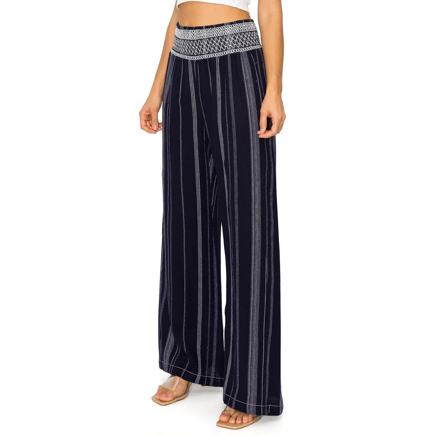 Smocked Waist Wide Leg Linen Pants - Navy