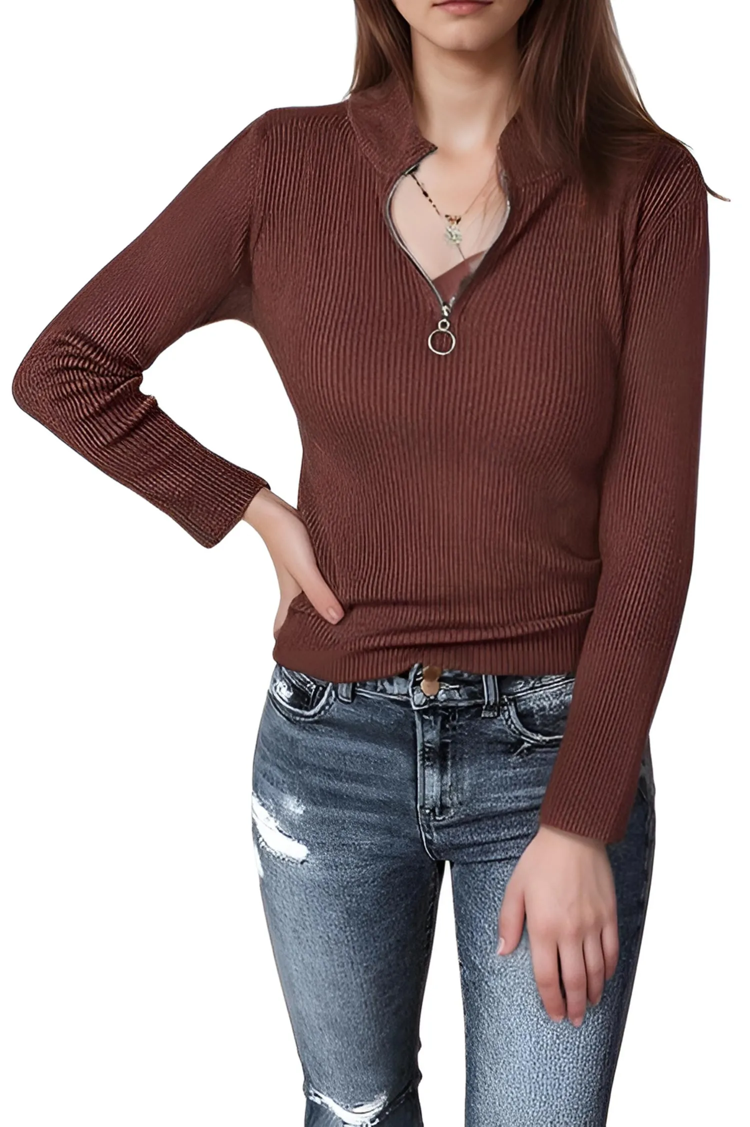 Solid Ribbed Knit Quarter-Zip Pullover - U-Modest