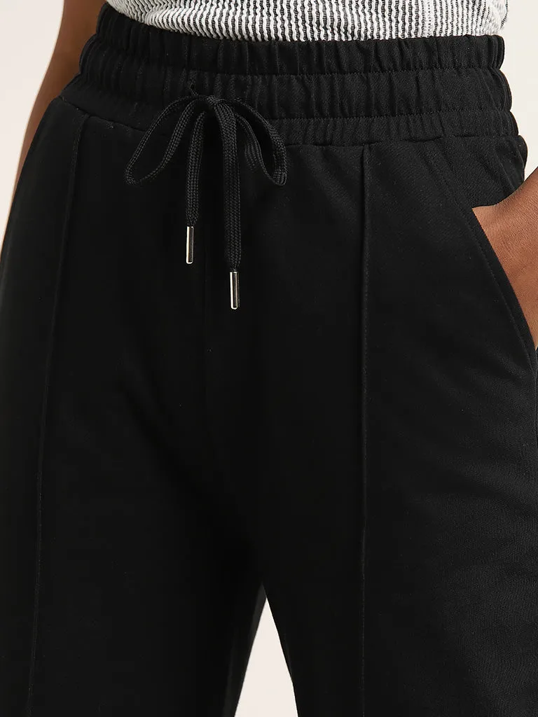 Studiofit Black Solid Mid-Rise Cotton Blend Track Pants