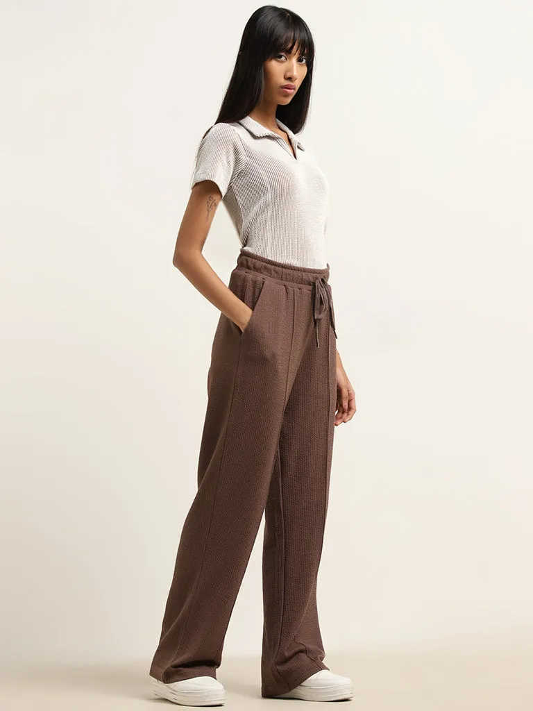 Studiofit Dark Brown Textured High-Rise Track Pants