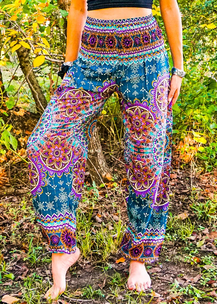 Teal Lotus Chakra Floral Harem Pants