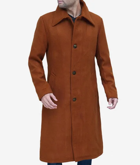 Trenton Men's Long Tan Wool Overcoat By TJS