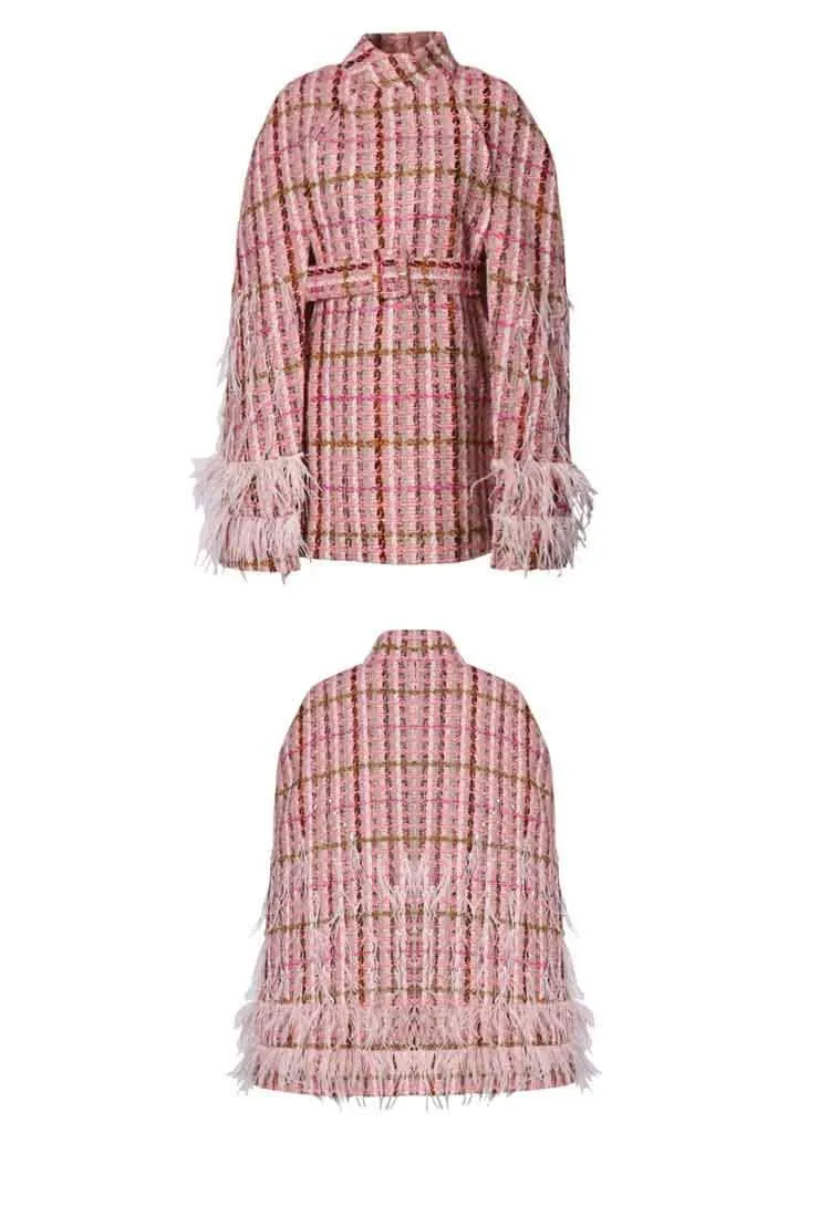 Tweed Plaid Feather Decoration Cape Coat with Belt