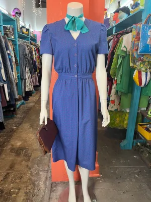 Vintage 70s 80s | Pretty Blue Abstract Print Secretary Dress | Size M