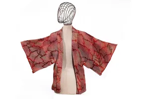 Vintage Red Shibori Haori Jacket with Autumn Maple Leaf Motif