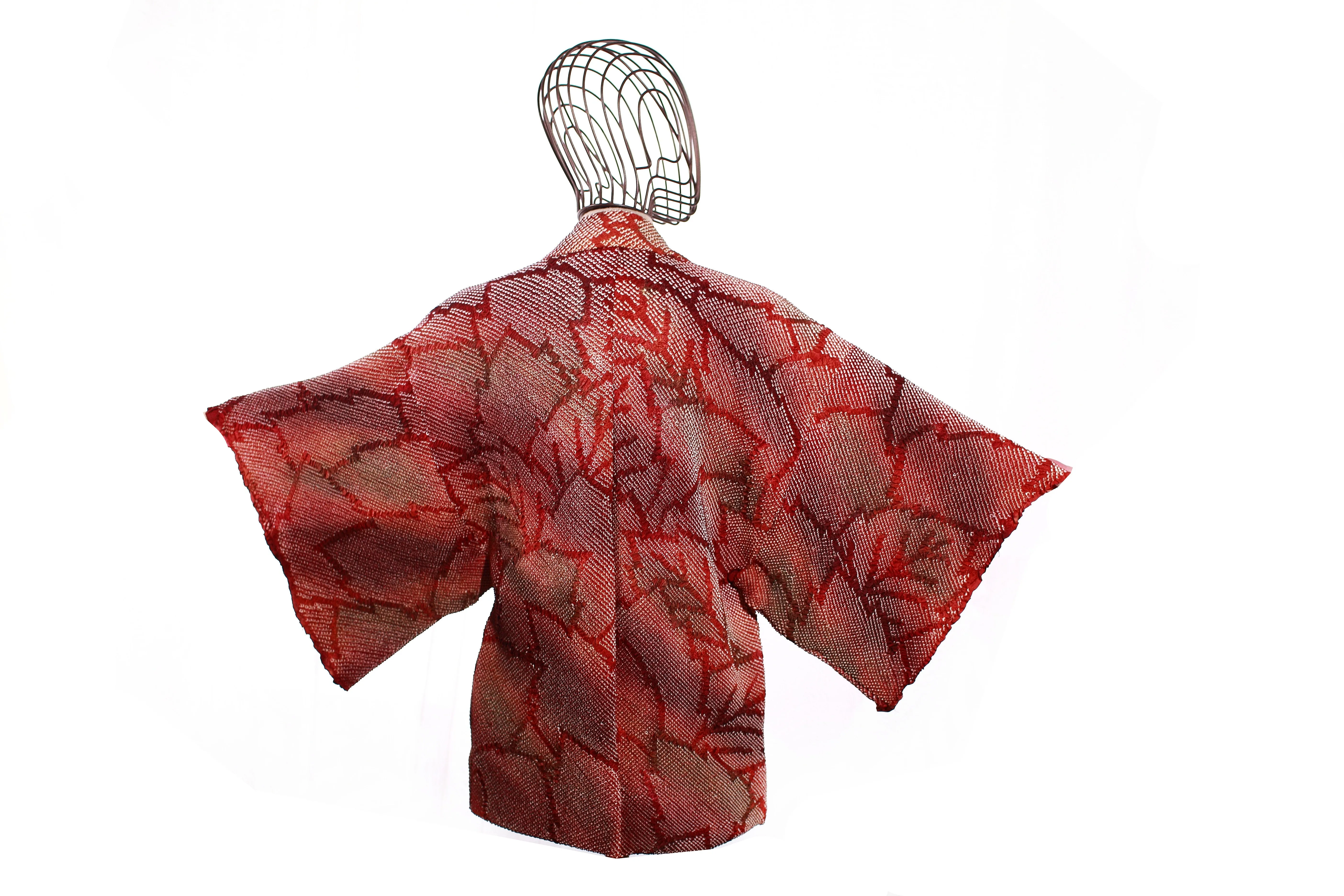 Vintage Red Shibori Haori Jacket with Autumn Maple Leaf Motif