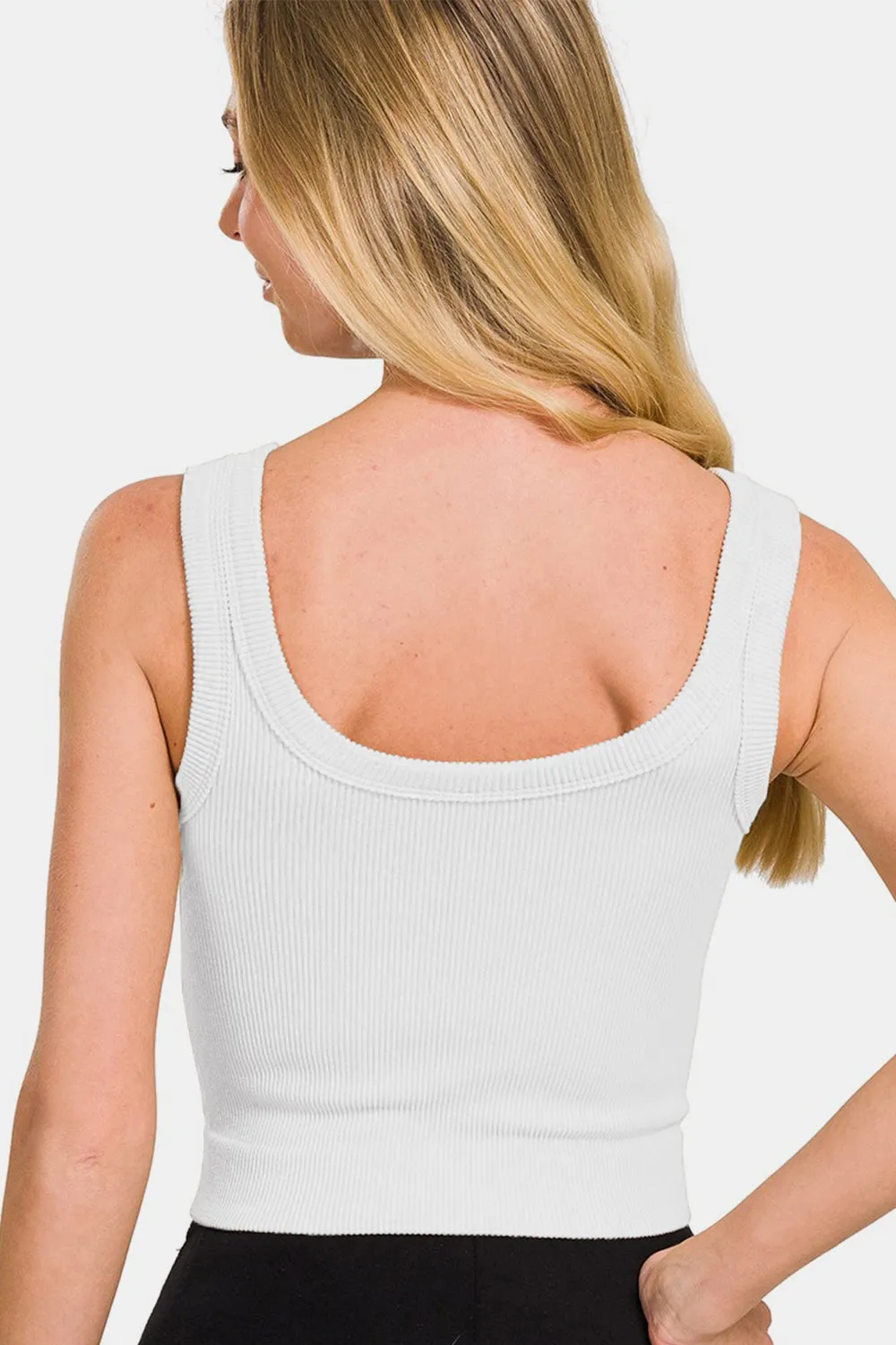 White Ribbed Round Neck Cropped Tank