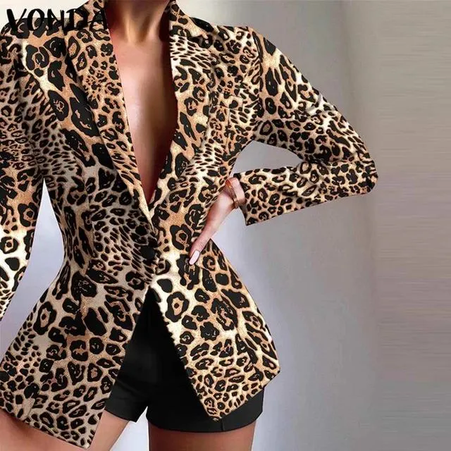 Women Leopard Print Blazer VONDA Sexy Long Sleeve Lapel Neck Coats Office Formal Coats Jackets Outerwear Veste Femininas S4416521