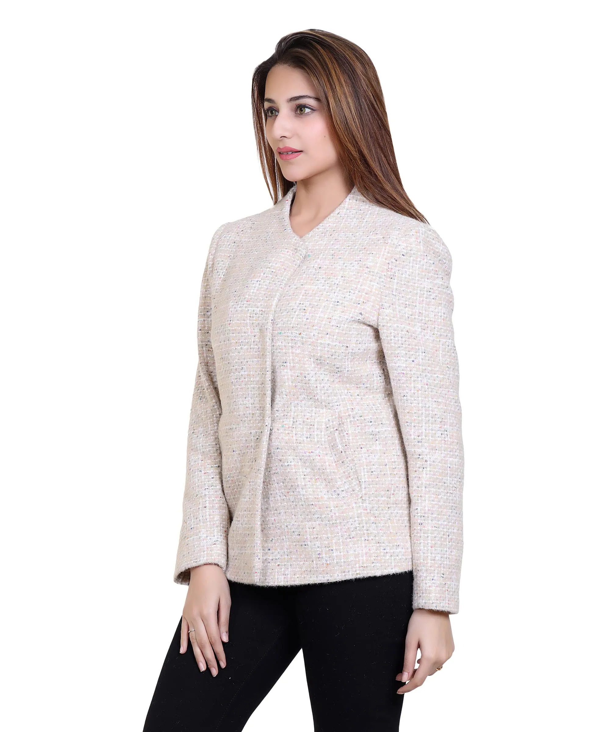 Women Self Design Long Sleeves Designer Collared Short Coat