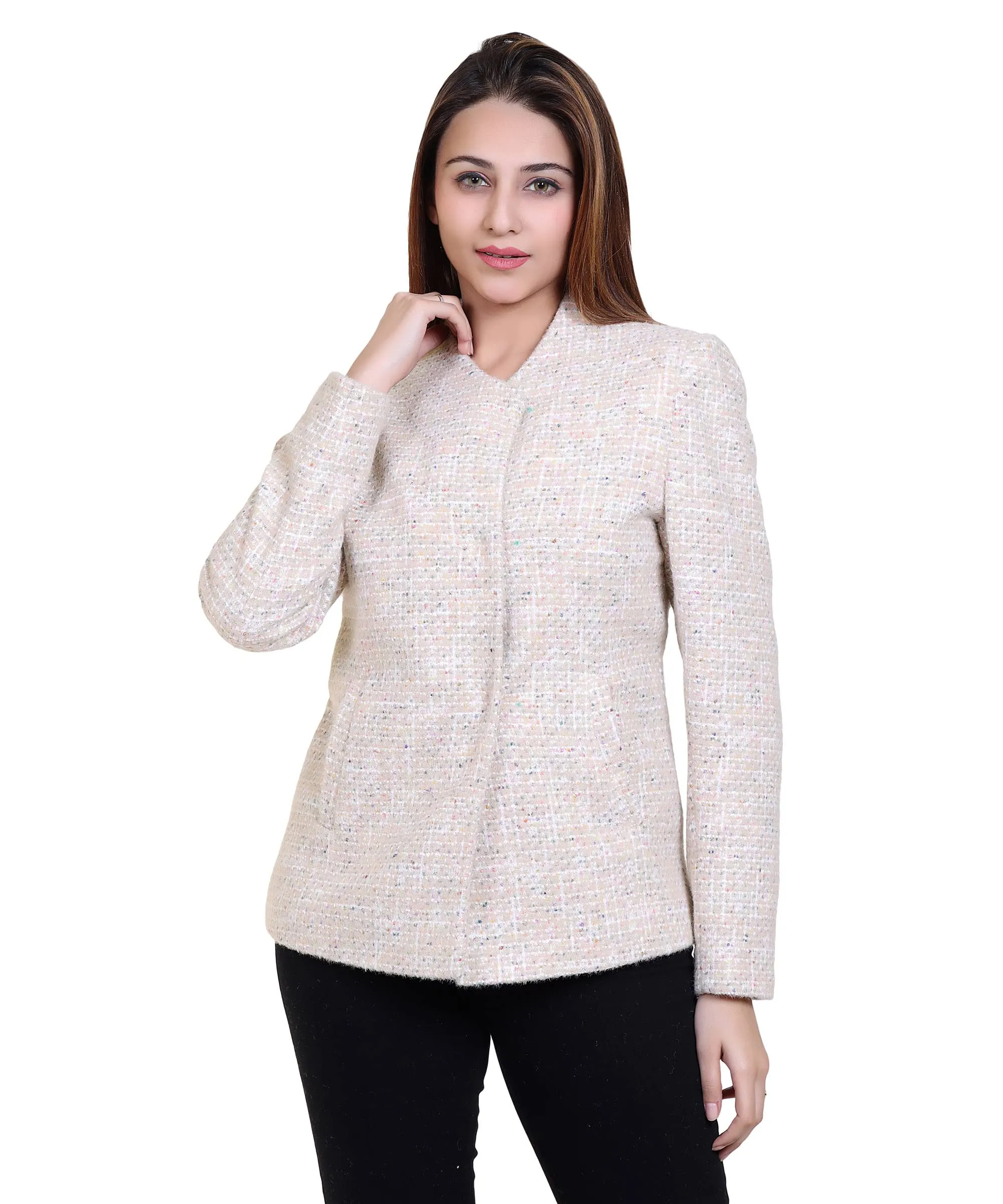 Women Self Design Long Sleeves Designer Collared Short Coat