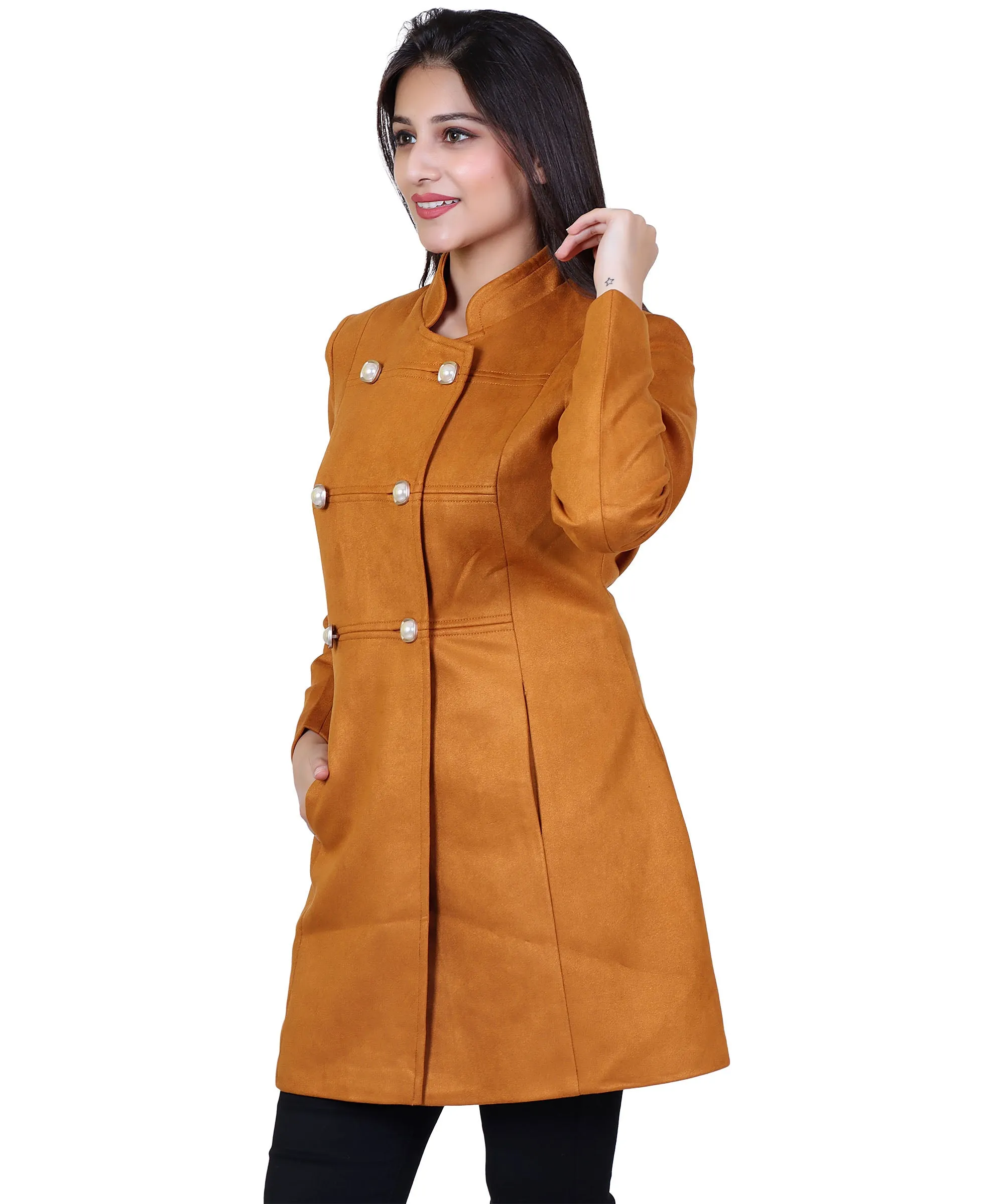 Women Thin Suede Fabric Double Breasted Pre-Winter Coat with Mock Collar