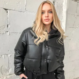 Womens Black Leather Puffer Jacket