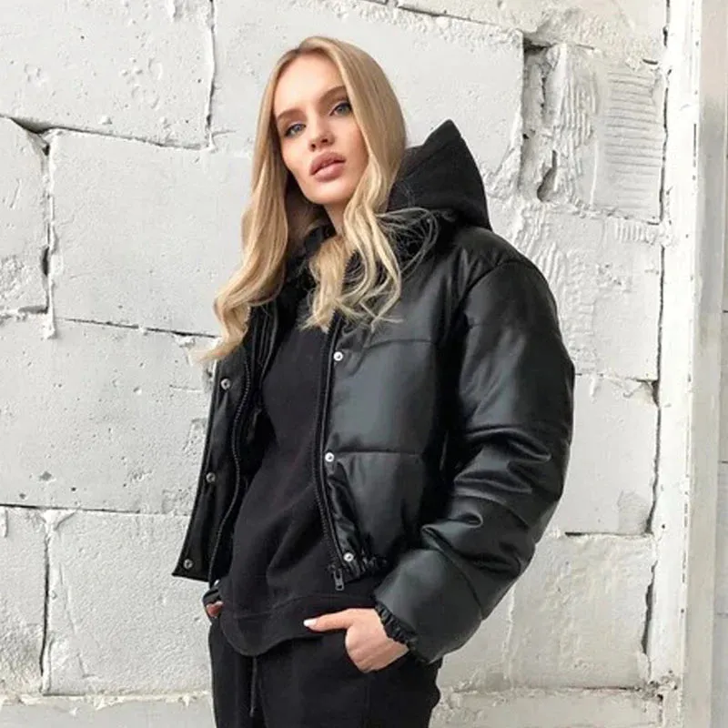 Womens Black Leather Puffer Jacket