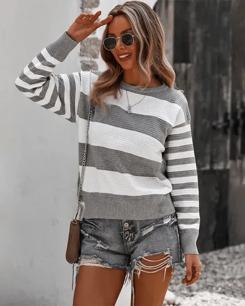 Women's Long Sleeve Crew Neck Sweater Striped Tops - D8032