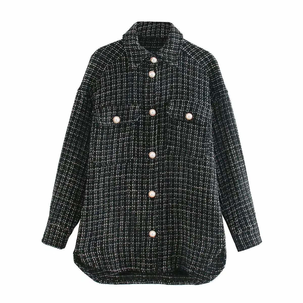 Women's Plaid Pattern Thick Pearl Button Elegant Coat- GlamzLife