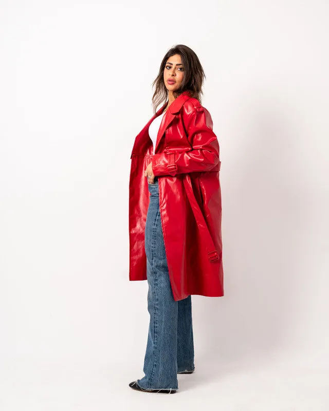 Women's Pure Leather Double Way Coat in Red - Stylish & Versatile Outerwear Made in Egypt