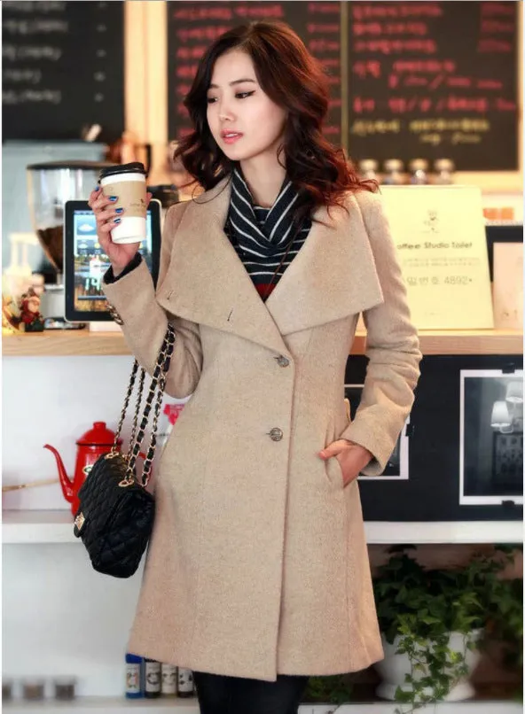 Women's Solid Color Mid Length Woolen Coat- GlamzLife