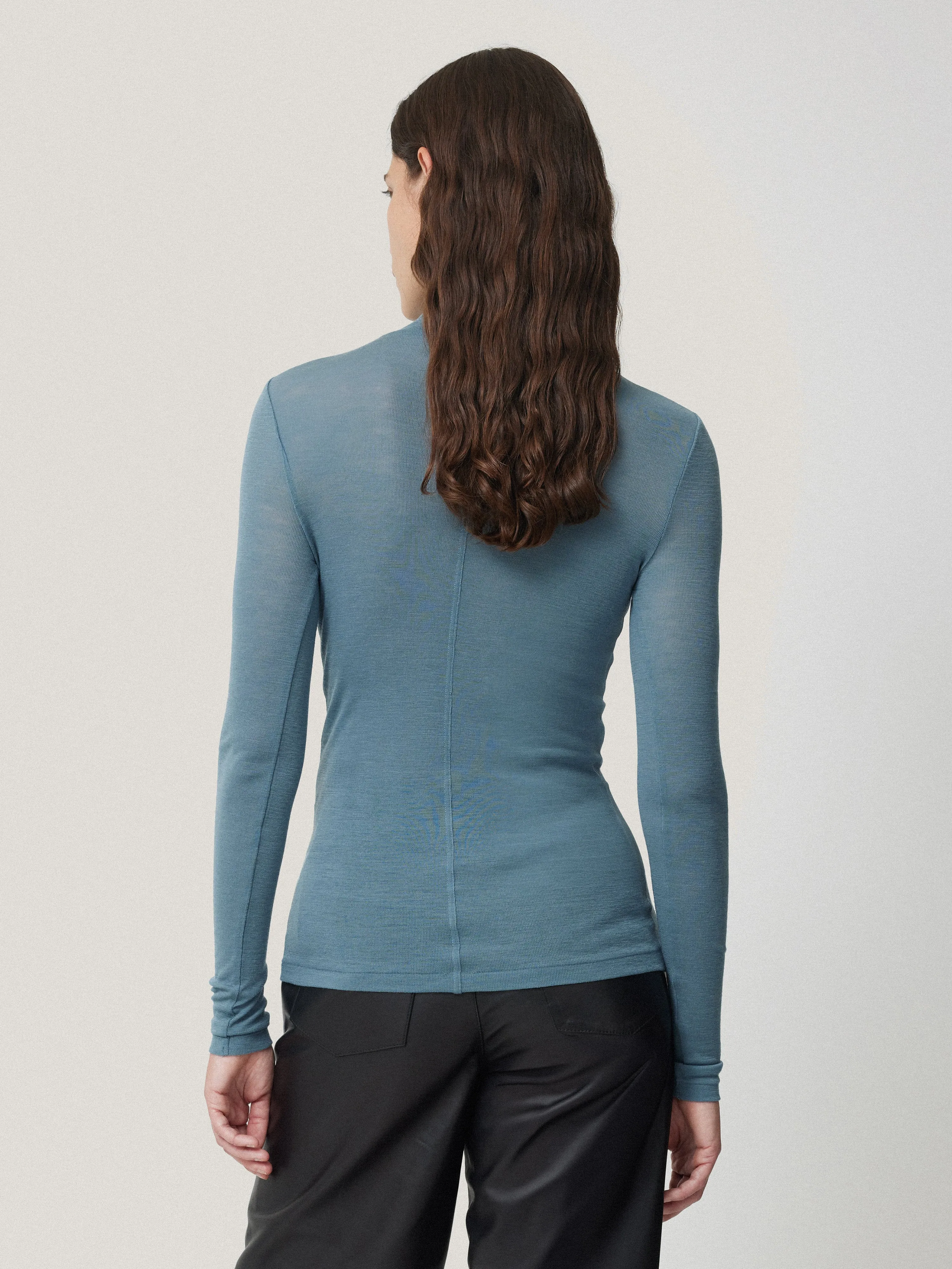 Wool Jersey Polo Neck Top | Water Blue