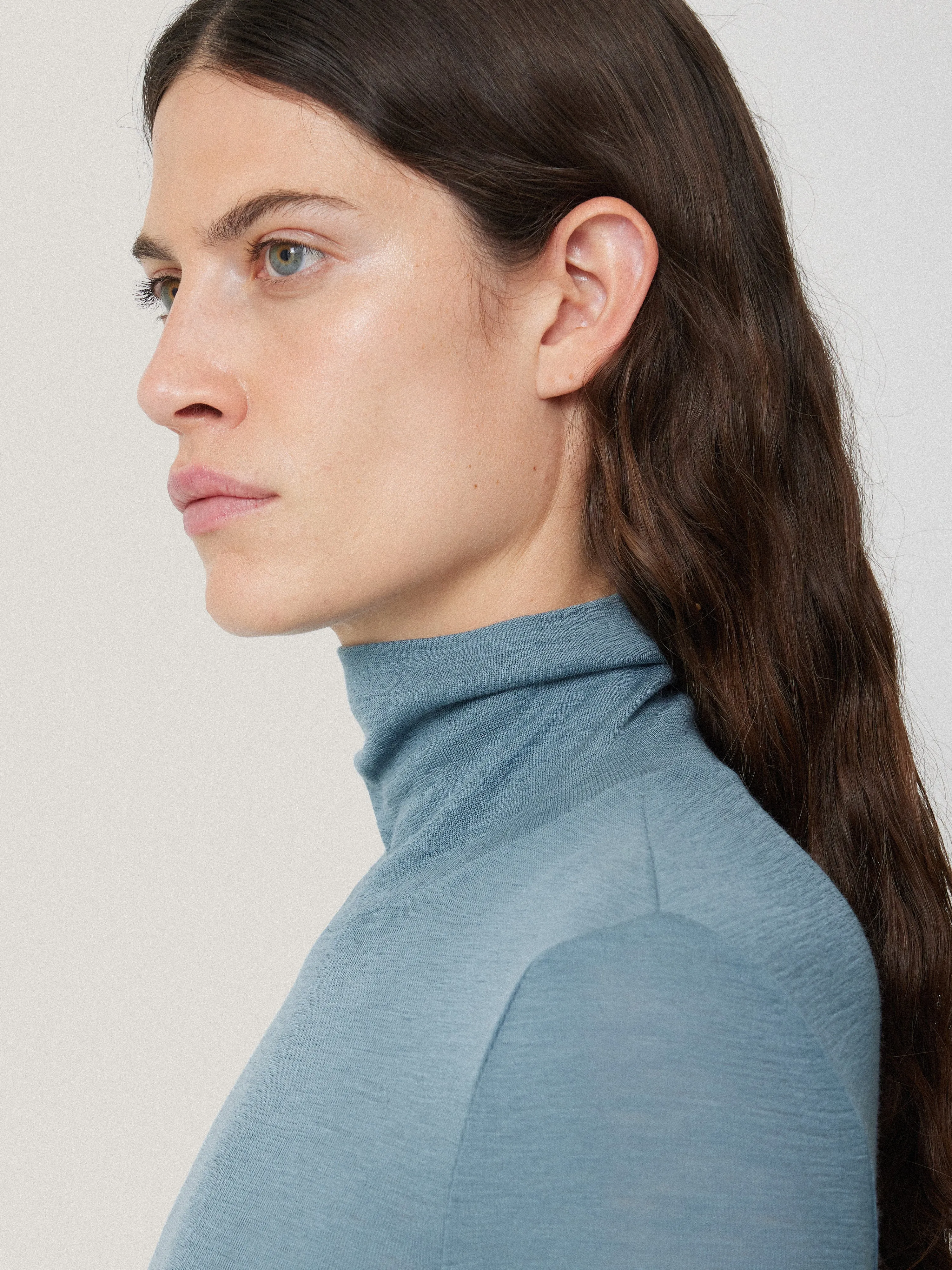 Wool Jersey Polo Neck Top | Water Blue