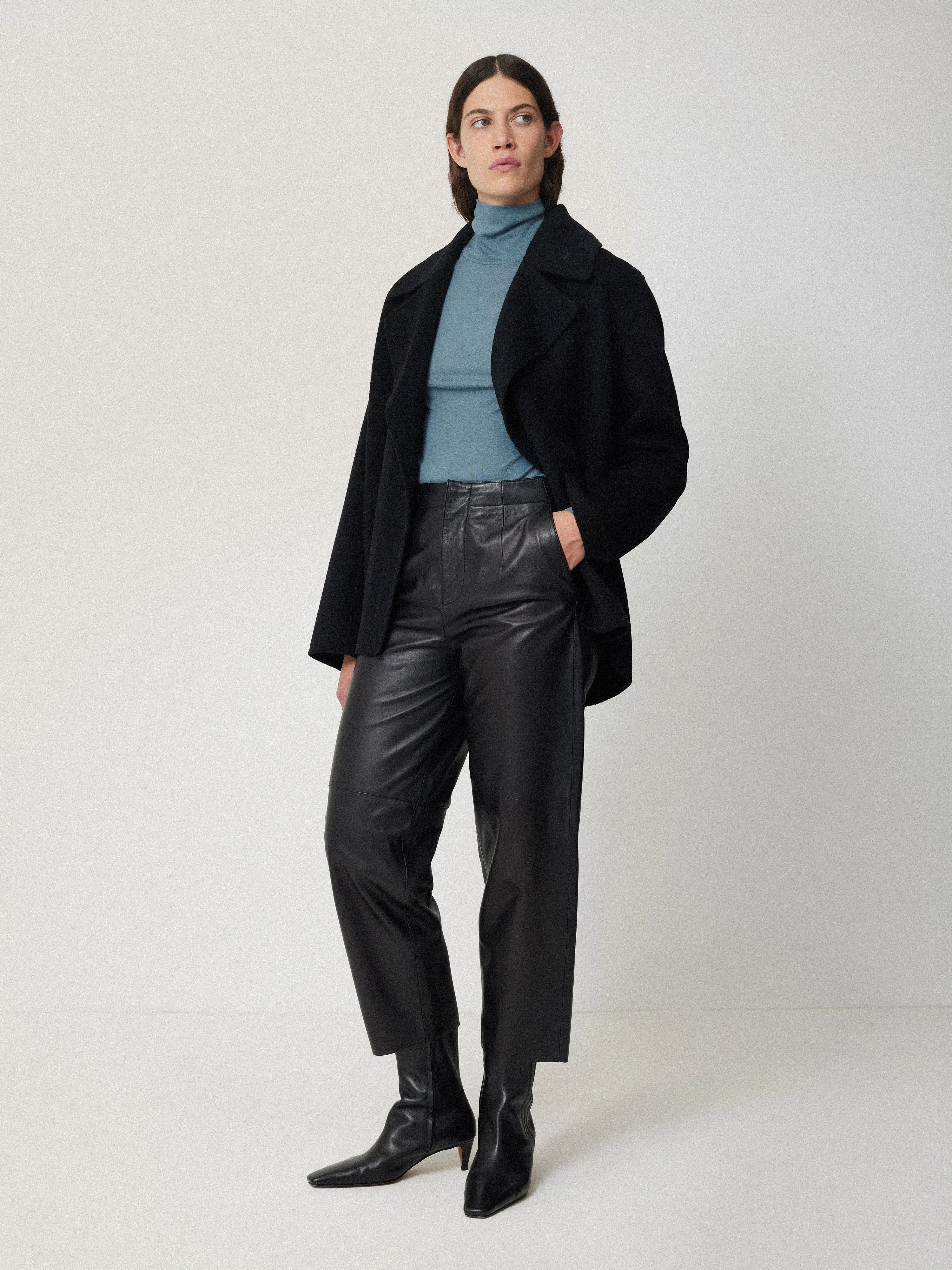 Wool Jersey Polo Neck Top | Water Blue