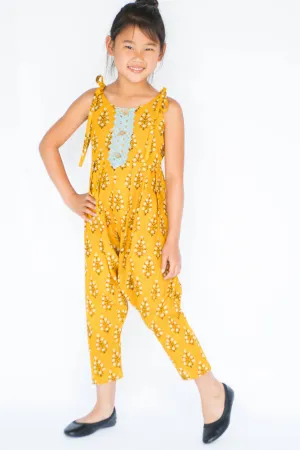 Yellow Floral Jumpsuit with Lace Detail